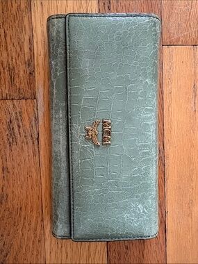 MCM Sage Green Croc-Embossed Leather Continental Wallet with Gold Logo